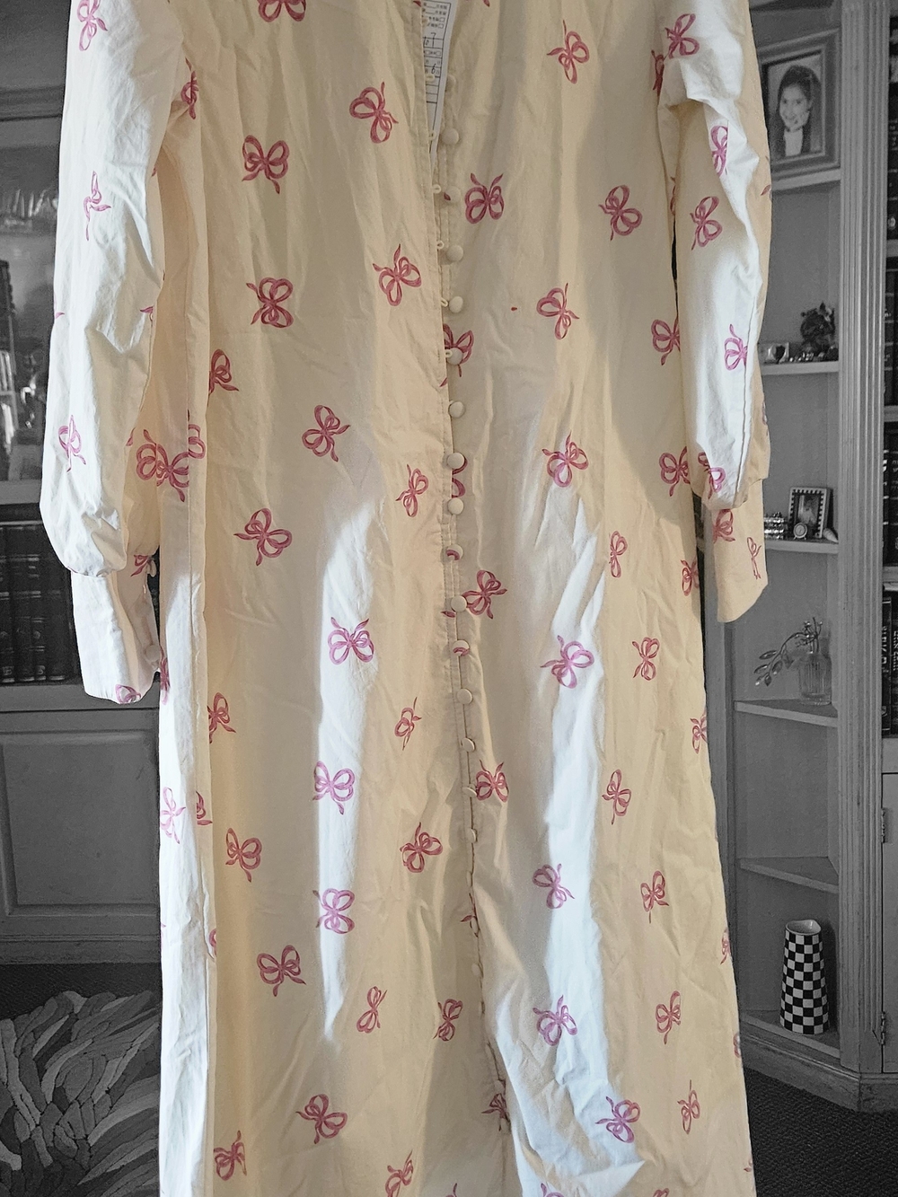 Long Sleeve Cream Dress with Pink Bow Print